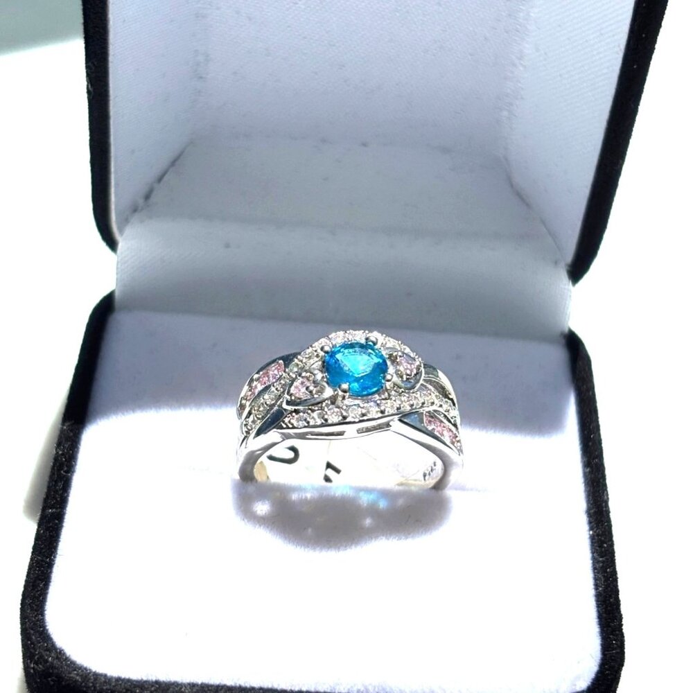 Sterling Silver Ring With Blue & Pink Stones Size 8 Elegant Design For Women
